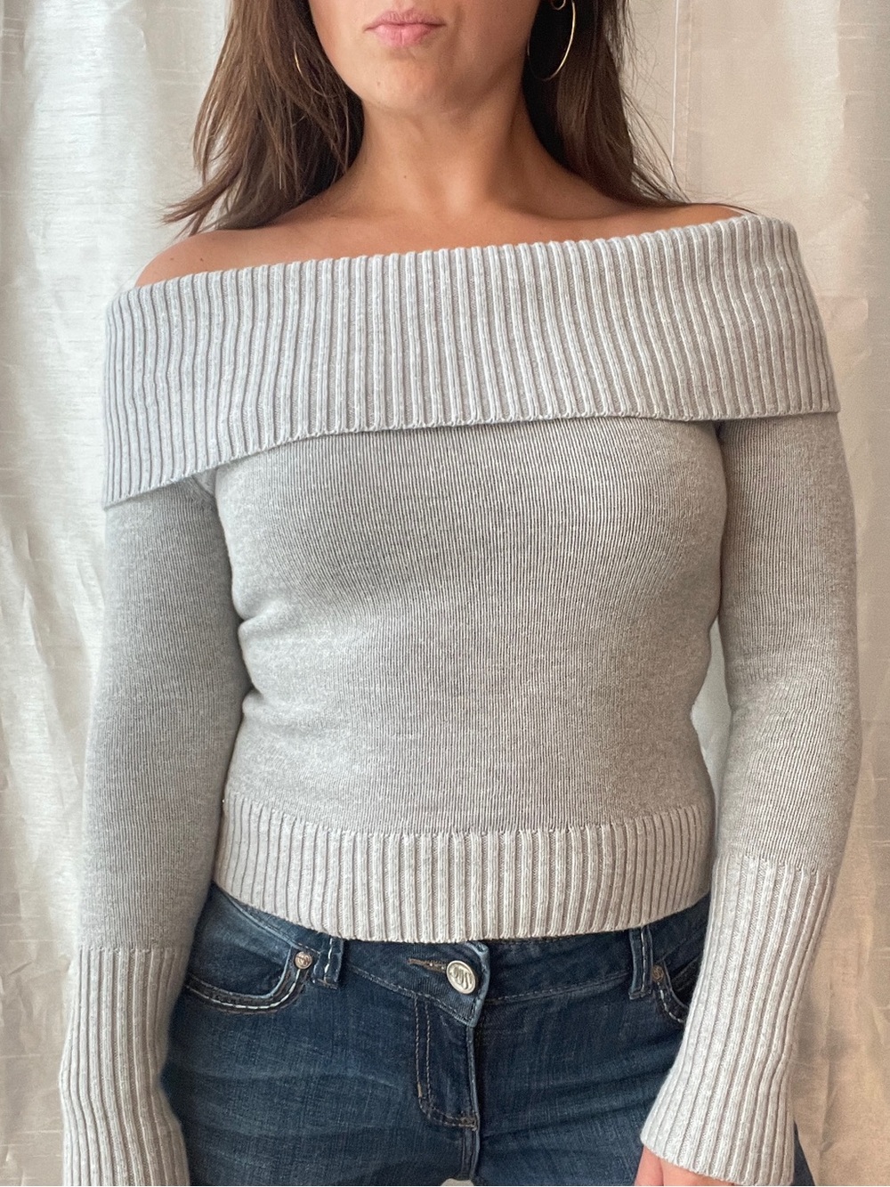 Aritzia Sunday Best Off The Shoulder Sweater XS Gray Cashmere Ribbed Minimalist